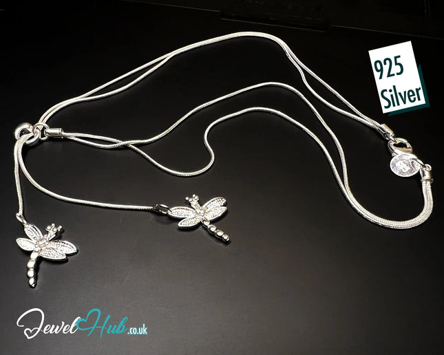 925 Sterling Silver TwinFlight Dragonfly Layered Necklace | Snake Chain Design CT