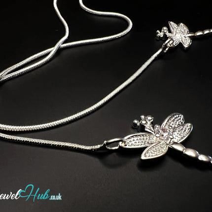 925 Sterling Silver TwinFlight Dragonfly Layered Necklace | Snake Chain Design CT