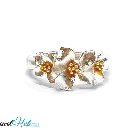 925 Sterling Silver Floral Golden Bloom Ring | 2.81g | Adjustable (N-P) | Golden Centres CT