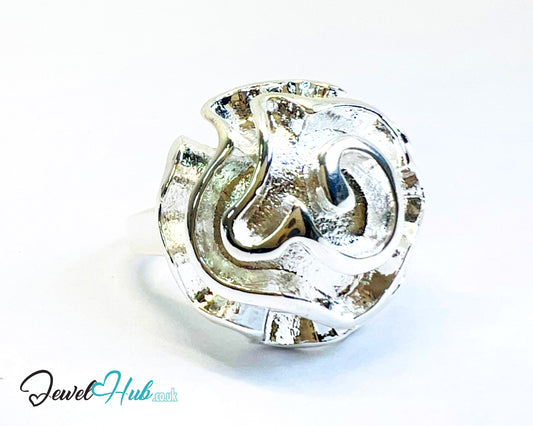 925 Silver Ring (Hallmarked) Rose Motif with Wavy Sculptural Band | 9.37g | UK N US 7 / UK Q US 8.5