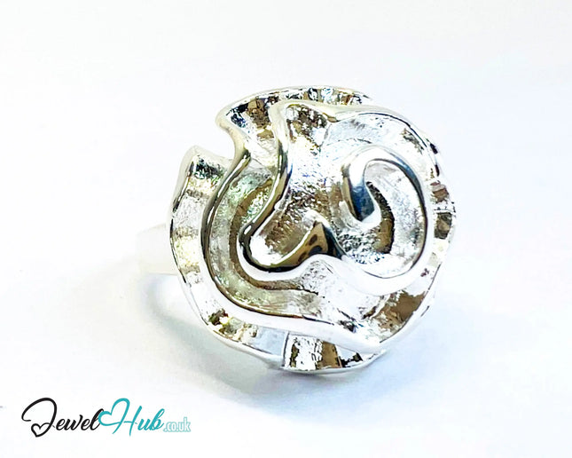 925 Silver Ring (Hallmarked) Rose Motif with Wavy Sculptural Band | 9.37g | UK N US 7 / UK Q US 8.5 CA