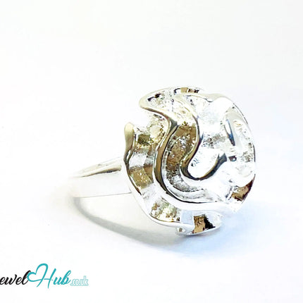 925 Silver Ring (Hallmarked) Rose Motif with Wavy Sculptural Band | 9.37g | UK N US 7 / UK Q US 8.5 CA