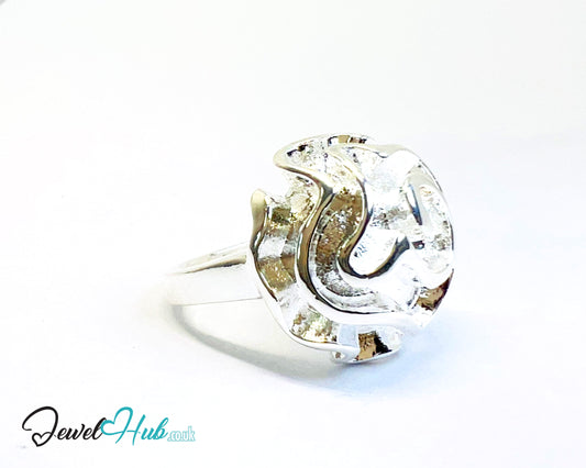925 Silver Ring (Hallmarked) Rose Motif with Wavy Sculptural Band | 9.37g | UK N US 7 / UK Q US 8.5