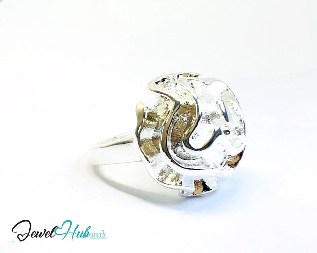 925 Silver Ring (Hallmarked) Rose Motif with Wavy Sculptural Band | 9.37g | UK N US 7 / UK Q US 8.5 CA