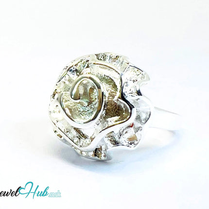 925 Silver Ring (Hallmarked) Rose Motif with Wavy Sculptural Band | 9.37g | UK N US 7 / UK Q US 8.5 CA
