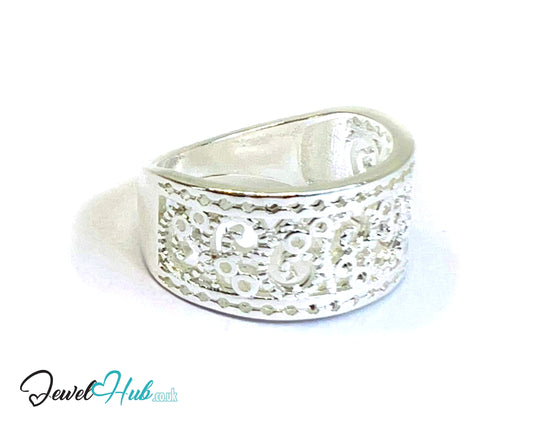 925 Silver Ring (Hallmarked) Lace-Inspired Pattern with Beaded Edges | 3.6-4.2g | UK N US 7 / UK R US 9
