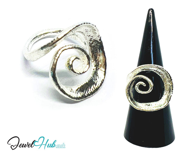 925 Silver Spiral Ring · Textured Finish · UK M-N-O · US 6.5–8 · 5.5g · Hallmarked CA