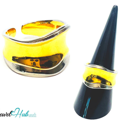 Adjustable Gold-Toned Silver Ring | Hallmarked 925 Sterling | Golden Silvery Wavy Band for N–P Sizes - JewelHub.co.uk