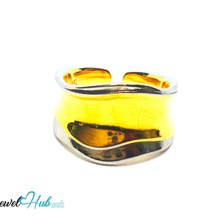 Adjustable Gold-Toned Silver Ring | Hallmarked 925 Sterling | Golden Silvery Wavy Band for N–P Sizes - JewelHub.co.uk