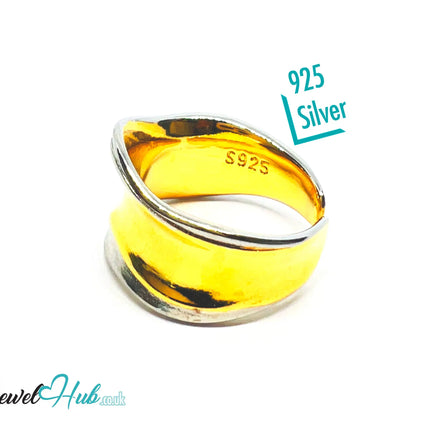 Adjustable Gold-Toned Silver Ring | Hallmarked 925 Sterling | Golden Silvery Wavy Band for N–P Sizes - JewelHub.co.uk