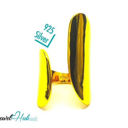 Bold Gold-Toned Silver Ring | Hallmarked 925 Statement Band | Golden Silvery Oval Design in Sizes M–O - JewelHub.co.uk