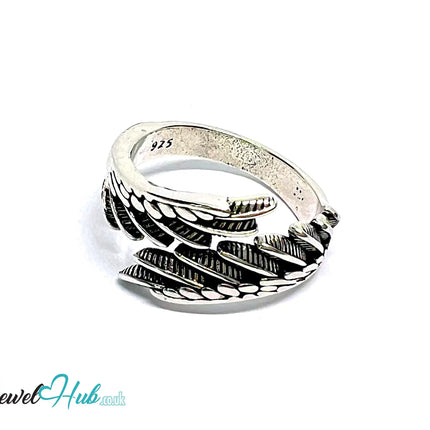 Feather Silver Ring | Hallmarked 925 Adjustable Nature Band | Textured Leaf Design in Sizes O–Q - JewelHub.co.uk