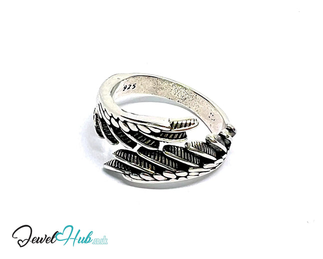 Feather Silver Ring | Hallmarked 925 Adjustable Nature Band | Textured Leaf Design in Sizes O–Q - JewelHub.co.uk