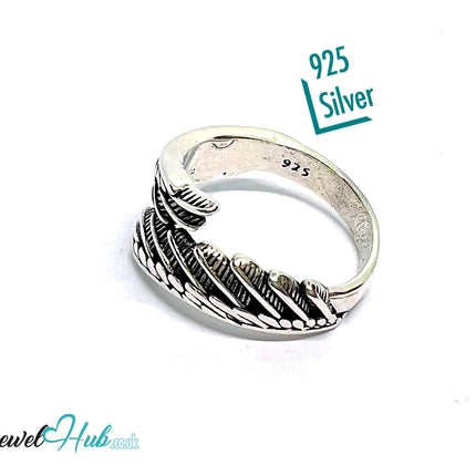Feather Silver Ring | Hallmarked 925 Adjustable Nature Band | Textured Leaf Design in Sizes O–Q - JewelHub.co.uk
