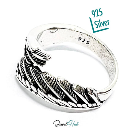 Feather Silver Ring | Hallmarked 925 Nature Adjustable Band | Textured Leaf Design in Sizes O–Q CT