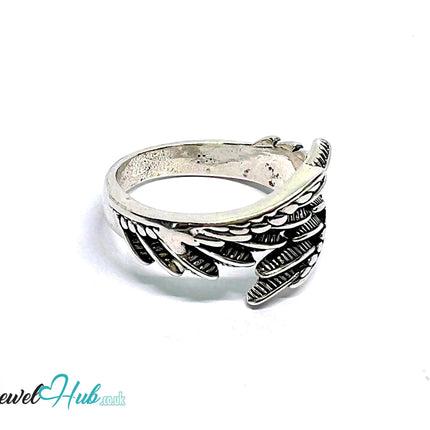 Feather Silver Ring | Hallmarked 925 Adjustable Nature Band | Textured Leaf Design in Sizes O–Q - JewelHub.co.uk
