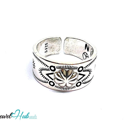 Engraved Silver Ring | Hallmarked 925 Adjustable Symbol Band | Sunburst & Geometric Design in Sizes Q–S - JewelHub.co.uk