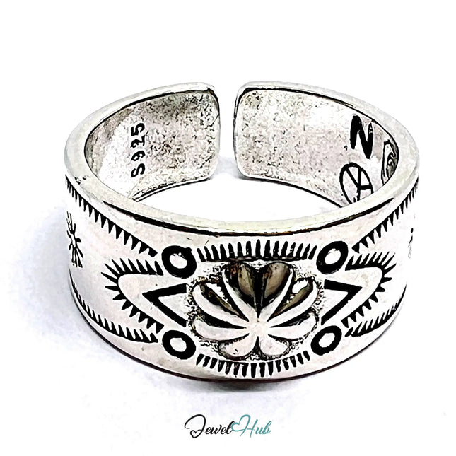 Engraved Silver Ring | Hallmarked 925 Adjustable Symbol Band | Sunburst & Geometric Design in Sizes Q–S CT
