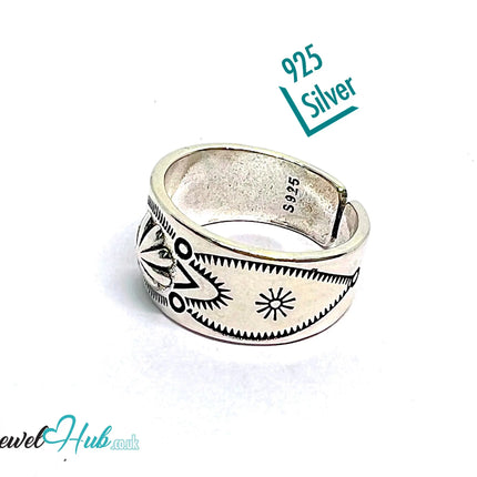 Engraved Silver Ring | Hallmarked 925 Adjustable Symbol Band | Sunburst & Geometric Design in Sizes Q–S - JewelHub.co.uk