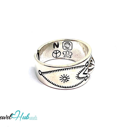 Engraved Silver Ring | Hallmarked 925 Adjustable Symbol Band | Sunburst & Geometric Design in Sizes Q–S - JewelHub.co.uk