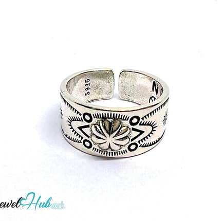 Engraved Silver Ring | Hallmarked 925 Adjustable Symbol Band | Sunburst & Geometric Design in Sizes Q–S - JewelHub.co.uk