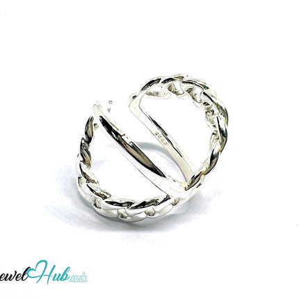 Chain-Link Sterling Silver Ring | Adjustable 925 Hallmarked Band with Sculptural Texture - JewelHub.co.uk