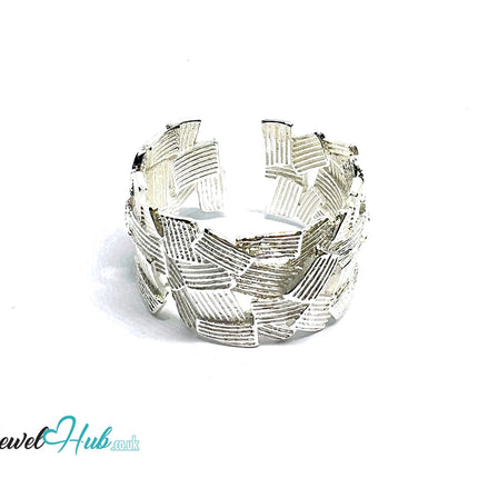 Textured Sterling Silver Ring | Bold Adjustable Silvery Band with Geometric Pattern - JewelHub.co.uk