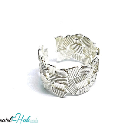 Textured Sterling Silver Ring | Bold Adjustable Silvery Band with Geometric Pattern - JewelHub.co.uk