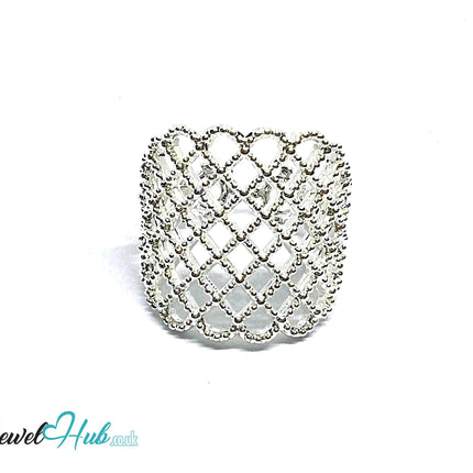 Ornate Lattice Silver Ring | Adjustable 925 Sterling Band with Beaded Texture - JewelHub.co.uk