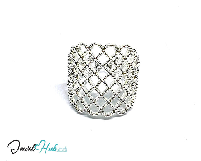 Ornate Lattice Silver Ring | Adjustable 925 Sterling Band with Beaded Texture - JewelHub.co.uk