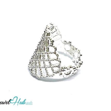 Ornate Lattice Silver Ring | Adjustable 925 Sterling Band with Beaded Texture - JewelHub.co.uk
