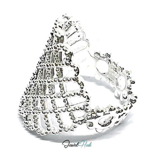Ornate Lattice Silver Ring | Adjustable 925 Sterling Band with Beaded Texture CT