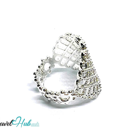 Ornate Lattice Silver Ring | Adjustable 925 Sterling Band with Beaded Texture - JewelHub.co.uk