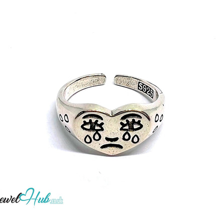 Signature Sad Heart Silver Ring | Hallmarked 925 Adjustable Band with Emotional Engraving - JewelHub.co.uk