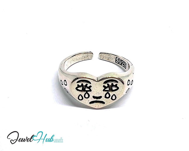 Signature Sad Heart Silver Ring | Hallmarked 925 Adjustable Band with Emotional Engraving - JewelHub.co.uk