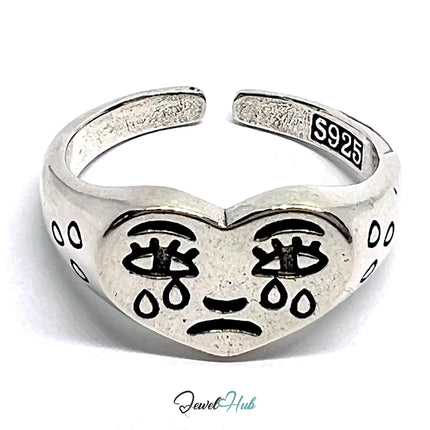 Signature Sad Heart Silver Ring | Hallmarked 925 Adjustable Band with Emotional Engraving CT
