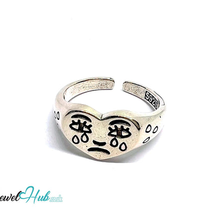 Signature Sad Heart Silver Ring | Hallmarked 925 Adjustable Band with Emotional Engraving - JewelHub.co.uk