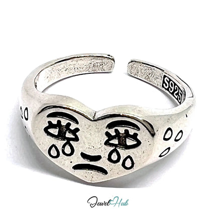 Signature Sad Heart Silver Ring | Hallmarked 925 Adjustable Band with Emotional Engraving CT