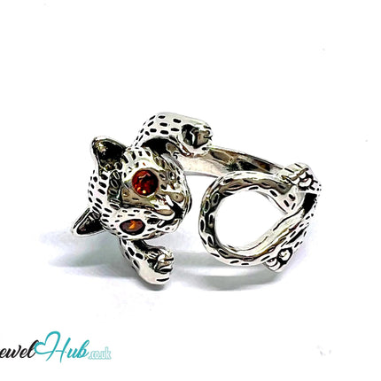 Wild Cat Silver Ring | Hallmarked 925 Adjustable Band with Red Gem Eyes - JewelHub.co.uk