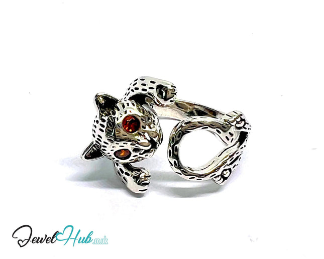 Wild Cat Silver Ring | Hallmarked 925 Adjustable Band with Red Gem Eyes - JewelHub.co.uk