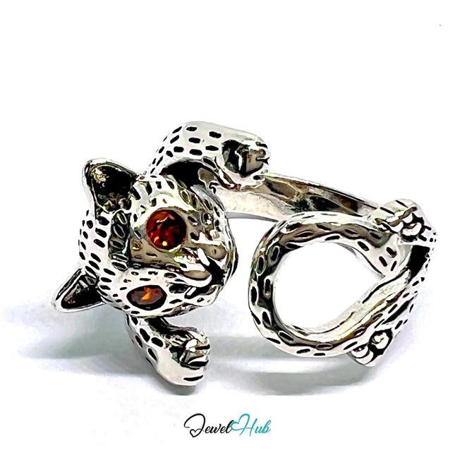 Wild Cat Silver Ring | Hallmarked 925 Adjustable Band with Red Gem Eyes CT