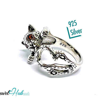 Wild Cat Silver Ring | Hallmarked 925 Adjustable Band with Red Gem Eyes - JewelHub.co.uk