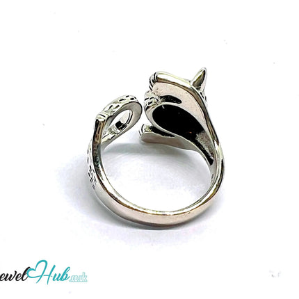 Wild Cat Silver Ring | Hallmarked 925 Adjustable Band with Red Gem Eyes - JewelHub.co.uk