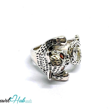 Wild Cat Silver Ring | Hallmarked 925 Adjustable Band with Red Gem Eyes - JewelHub.co.uk