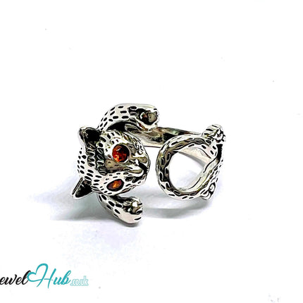 Wild Cat Silver Ring | Hallmarked 925 Adjustable Band with Red Gem Eyes - JewelHub.co.uk