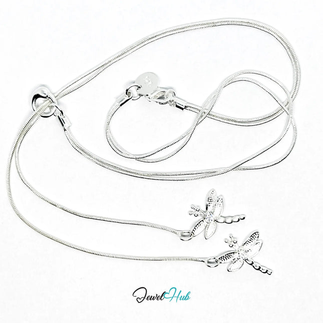 925 Sterling Silver Necklace (hallmarked) with TwinFlight Dragonfly Layered | Snake Chain Design CT