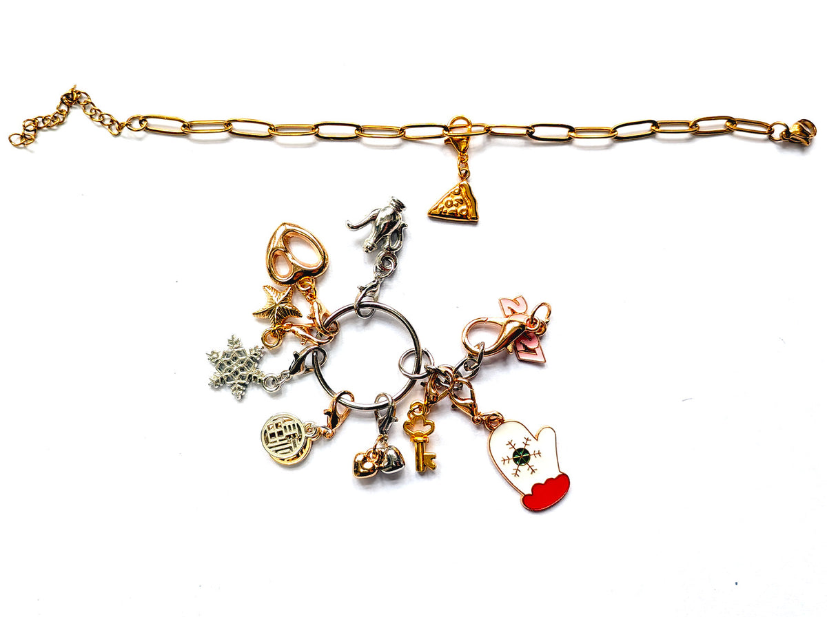Gold-tone stainless steel paperclip chain bracelet with a clip-on charm, beside a keyring of swappable charms including a key, snowflake, heart and mitten