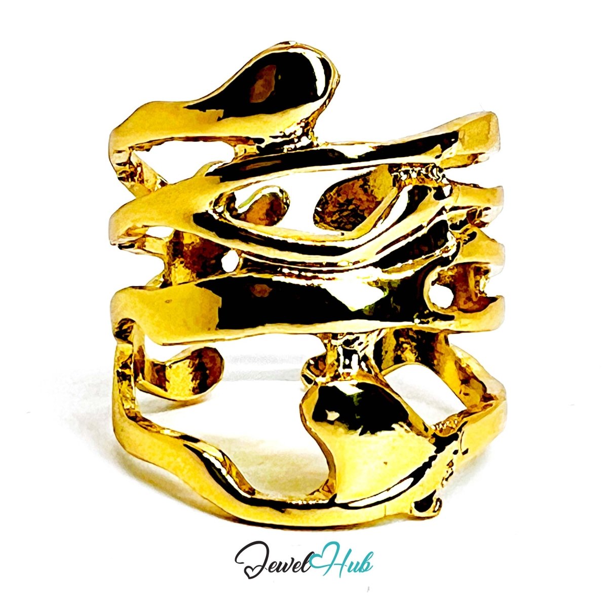 Abstract Sculptural Gold - Plated Zinc Ring – Flowing Organic Layers - JewelHub.co.uk
