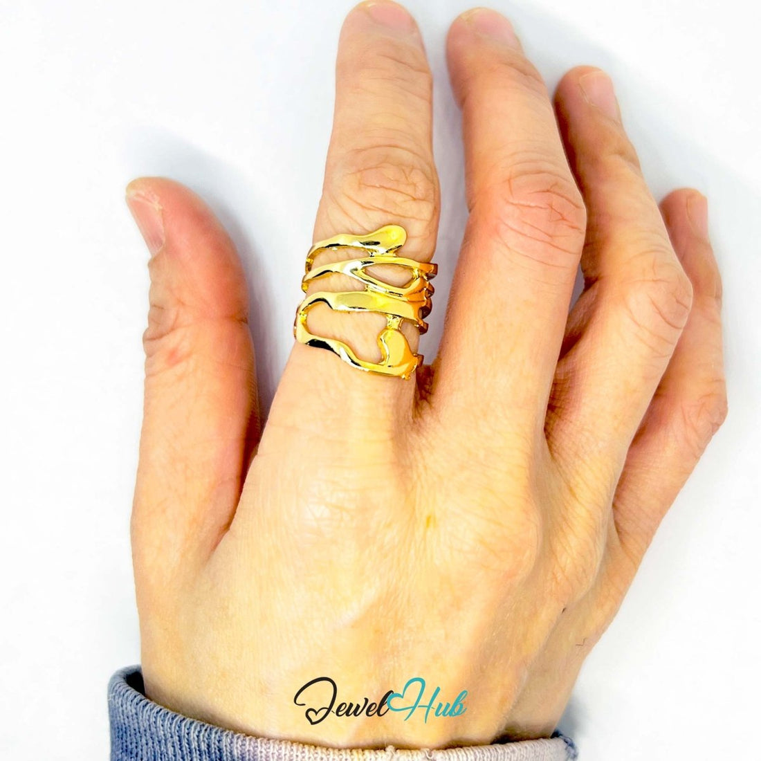 Abstract Sculptural Gold - Plated Zinc Ring – Flowing Organic Layers - JewelHub.co.uk