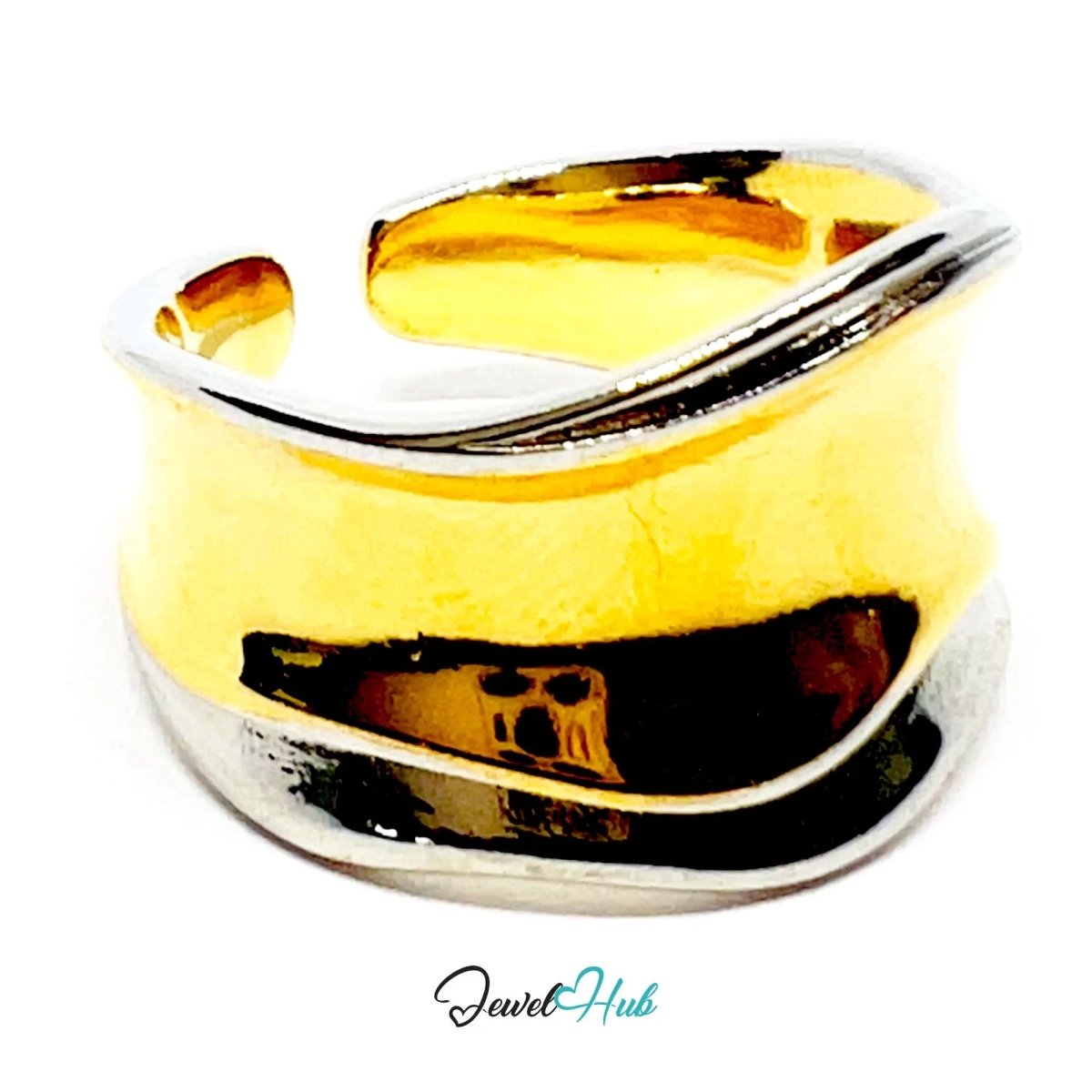 Adjustable Gold - Toned Silver Ring | Hallmarked 925 Sterling | Golden Silvery Wavy Band for N–P Sizes - JewelHub.co.uk